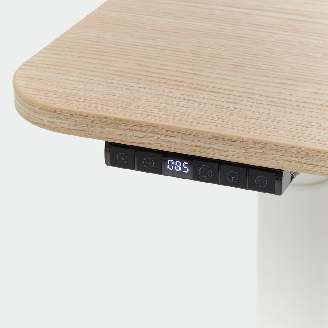 A Close Up Of The Height Position Controls On A Desk One Adjustable Height White Frame Desk And Oak Top