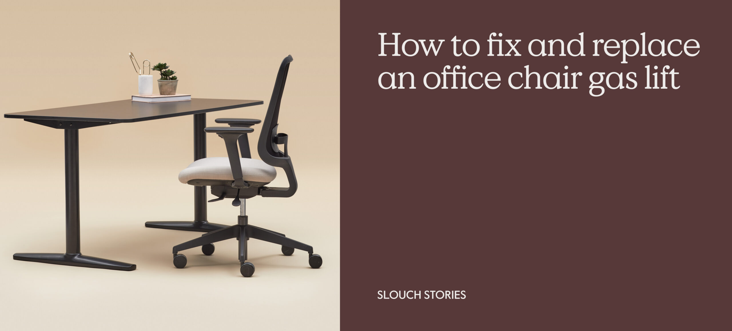 Minimalist home office featuring a black ergonomic office chair and desk against a warm beige background, with a plant and books on the desktop. Slouch Stories feature banner.
