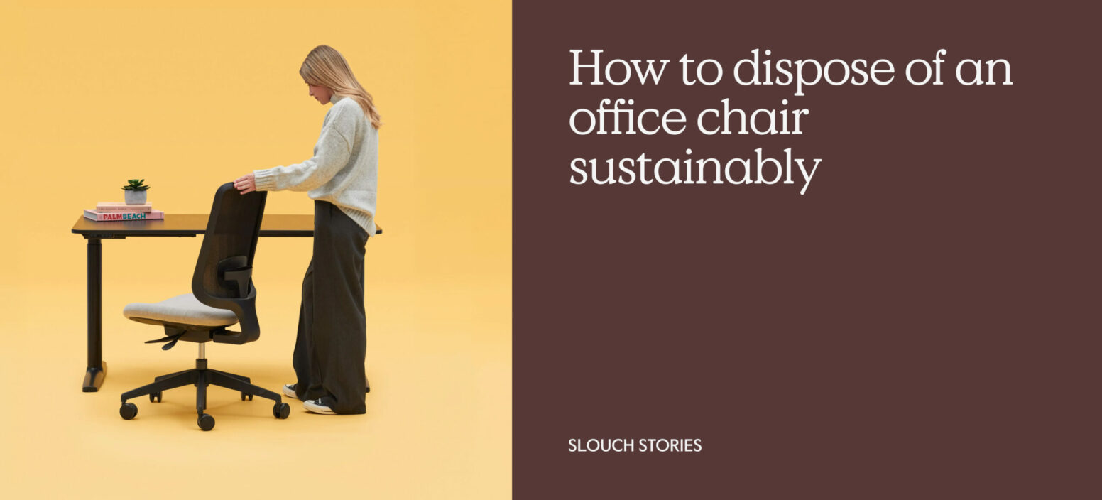 Woman standing beside an ergonomic office chair and desk in a bright yellow workspace, demonstrating an adjustable chair. Slouch Stories feature banner.